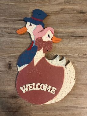 Vintage Hand-Painted Welcome Duck Couple Wall Art - Pink & Blue